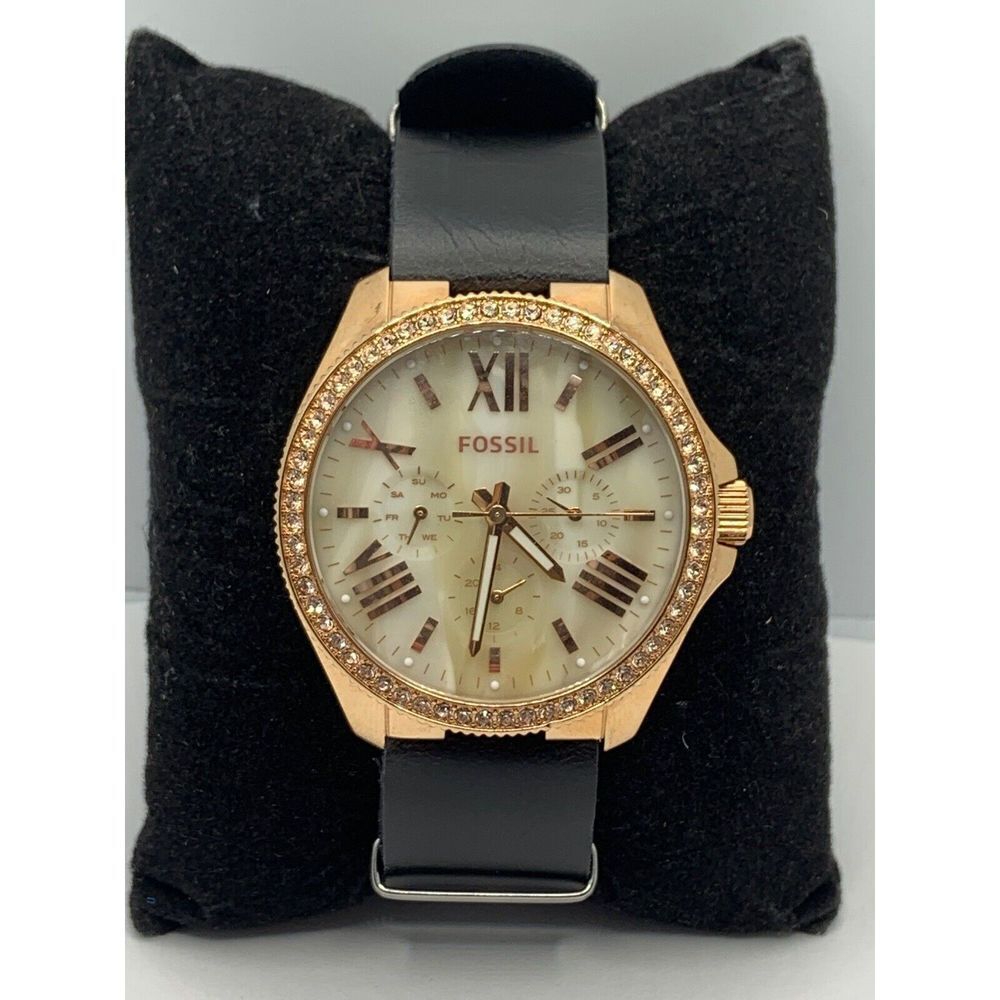 Fossil AM4616 Women's Black Leather Analog Beige Dial Genuine Wrist Watch RU239